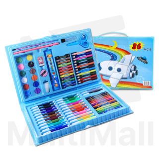 86pcs Kids Art Drawing Set - Blue | Kids Art Set l Children Colour Pencils l Toddler Water Colour Crayon Markers Scissors Rubber Eraser Clips Brush Palette Stapler Sharpener Glue Ruler Pencil