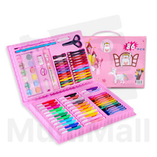 86 Pcs Kids Art Drawing Set - Pink | Kids Art Set l Children Colour Pencils l Toddler Water Colour Crayon Markers Scissors Rubber Eraser Clips Brush Palette Stapler Sharpencer Glue Ruler Pencil
