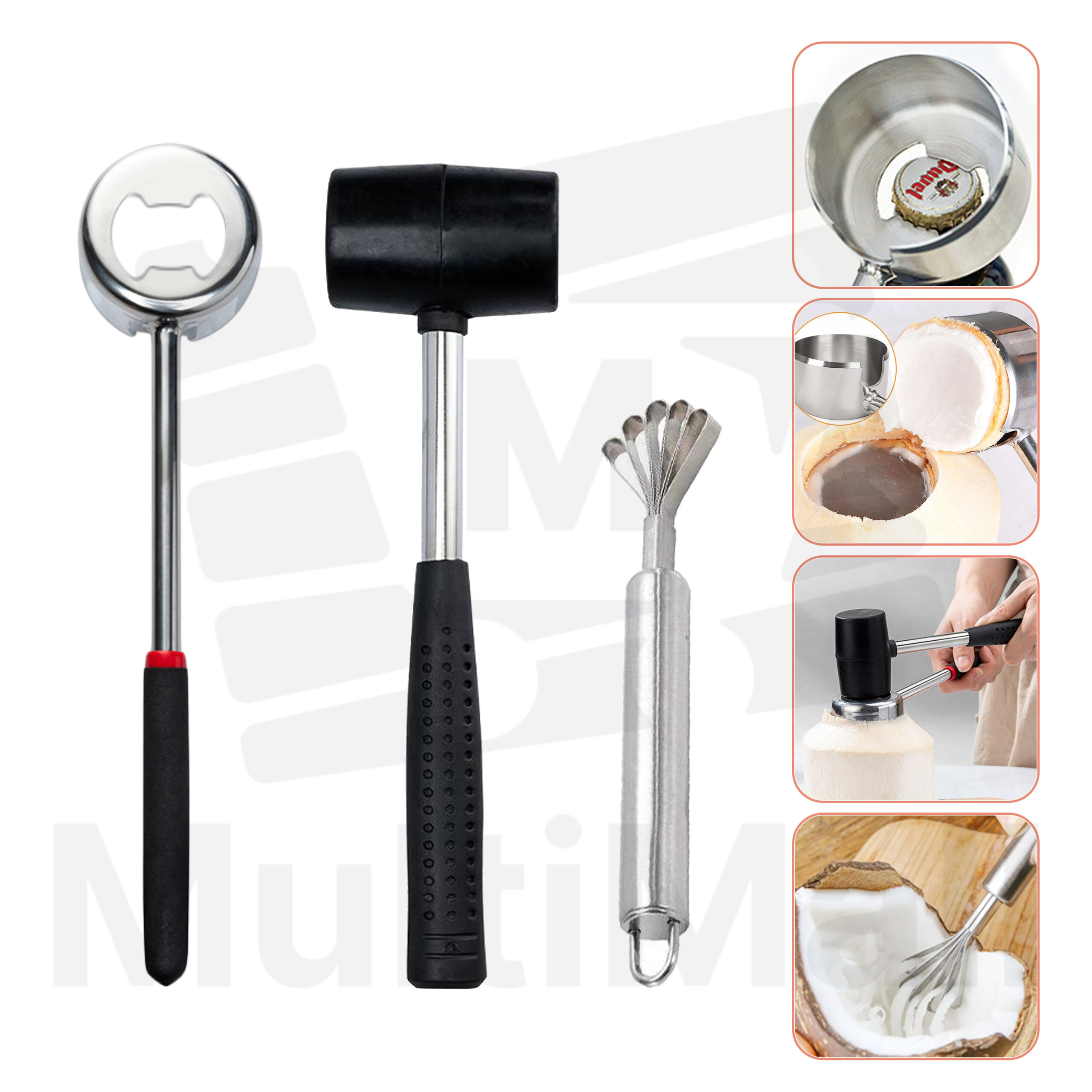 Coconut Opener Kit 430 - 3 Pcs Set | Coconut opening kit l Multi-purpose Coconut Opener l Digging Coconut Shreds Meat Taker l Opener Punch Tool Kitchen Gadget| Coconut Opener Kit | Stainless Steel Coconut Opener| Manual Coconut Opener