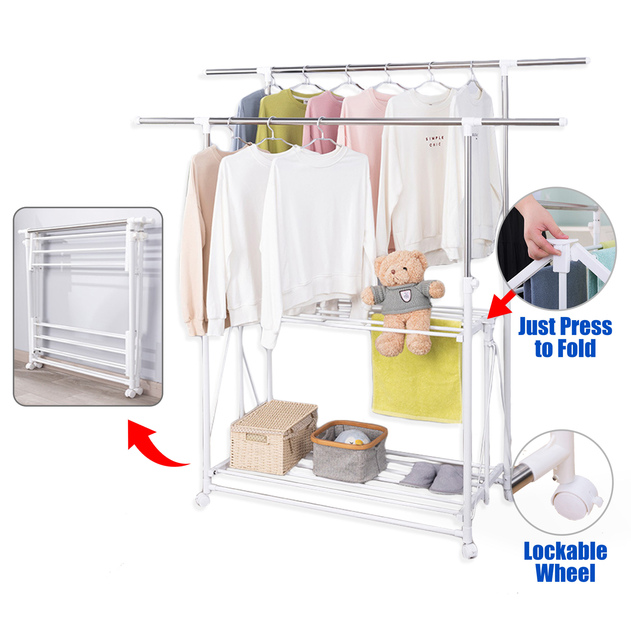 Multi-Functional Drying Rack Stainless Steel Upgraded Laundry Rack 1.92M [2 Poles]- 2 Tier Layer Foldable, Movable, and Multi-functional Space Saving Clothes Drying Rack for Drying Towels, Sheets, and Quilts |  Clothing Rack | Clothes Hanger Rack