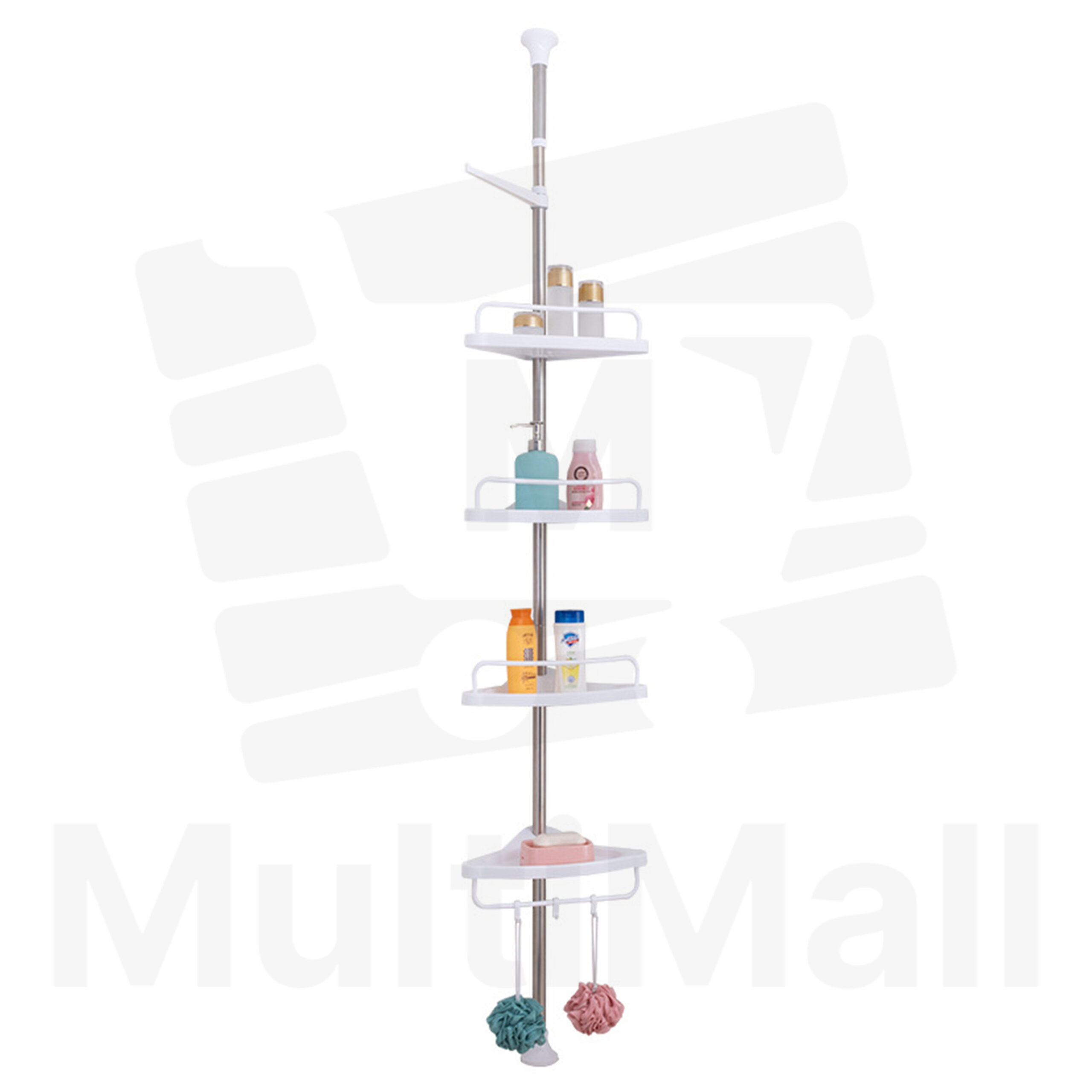 Floor To Ceiling Bathroom Organizer – Adjustable Corner Shelf Tension Rod 4 Trays, Multi-functional 3 Meters Shower Caddy Pole Stand for Shampoos, Soaps, Lotions, and Loofahs, Suitable in Bathroom and Laundry Room