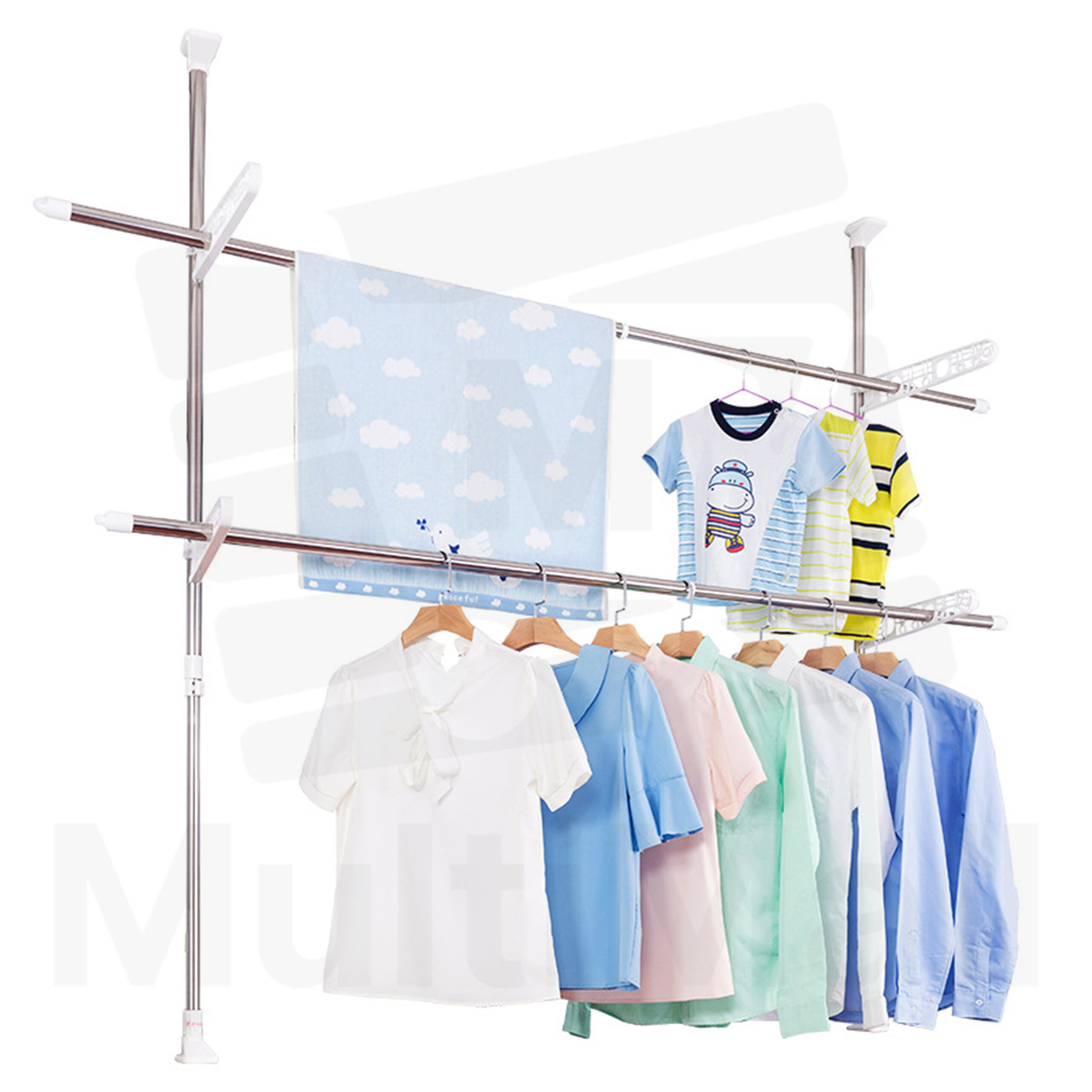 Floor to Ceiling Laundry Rack – 2 Poles Adjustable Free Standing Laundry Tension Rod, Multi-functional Drying Stand for Drying or Hanging Scarfs, Towels, Clothes, Blouses, Bags, and Coats, Suitable in Bedroom, Balcony, Living Room, and Bathroom