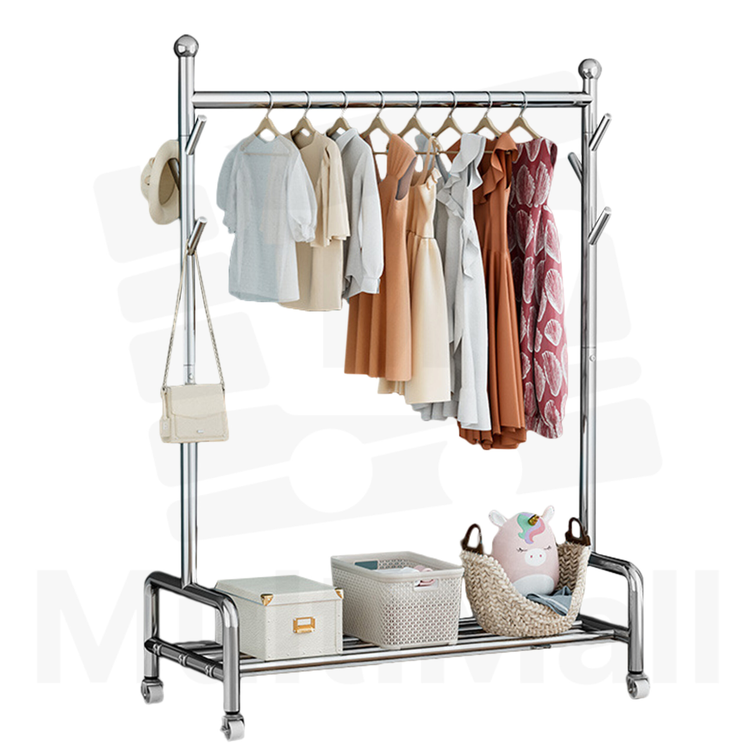 Stainless Steel Laundry Rack – 1M Heavy Duty 3 in 1 Full Steel Coat Stand Clothes, Storage Bag, and Hat Area, Multi-functional Drying Rack 360° Movable and Lockable Wheels