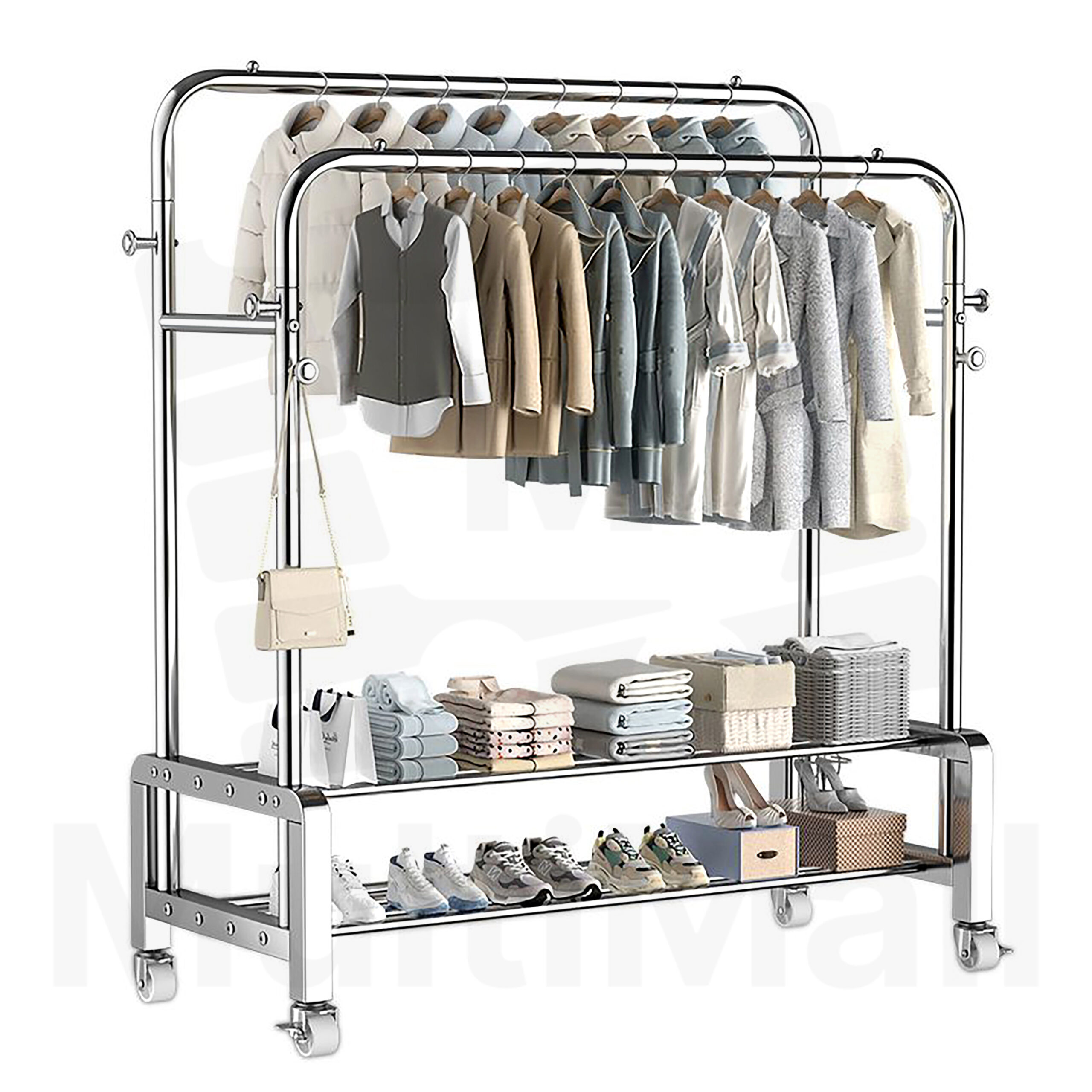Stainless Steel Laundry Rack – 1.45M Heavy Duty 4 in 1 Full Steel Coat Stand Clothes, Storage Bag, and Hat Area, Multi-functional 2 Poles Drying Rack 360° Movable and Lockable Wheels