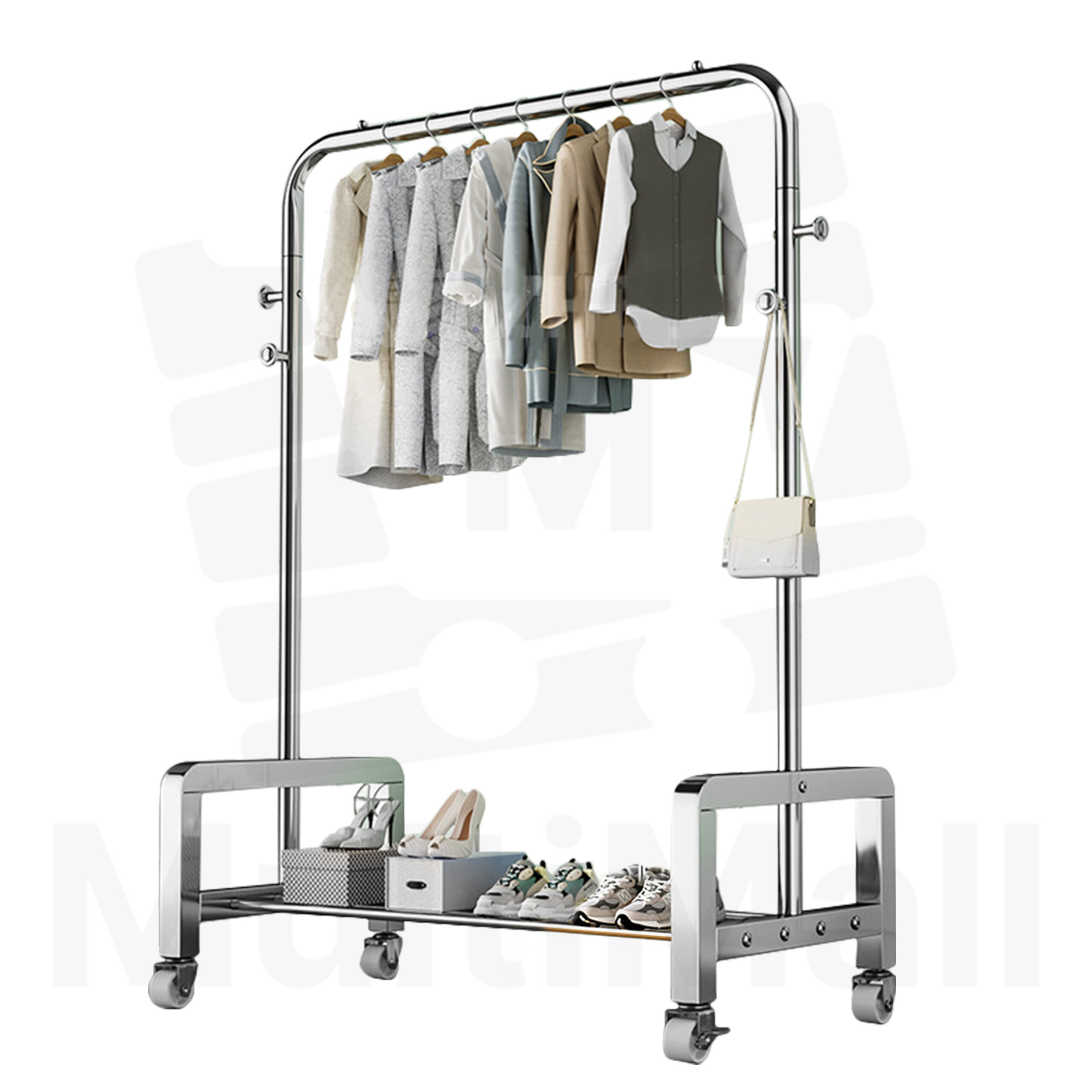 Stainless Steel Laundry Rack – 80cm Heavy Duty 4 in 1 Full Steel Coat Stand Clothes, Storage Bag, and Hat Area, Multi-functional 2 Poles Drying Rack 360° Movable and Lockable Wheels