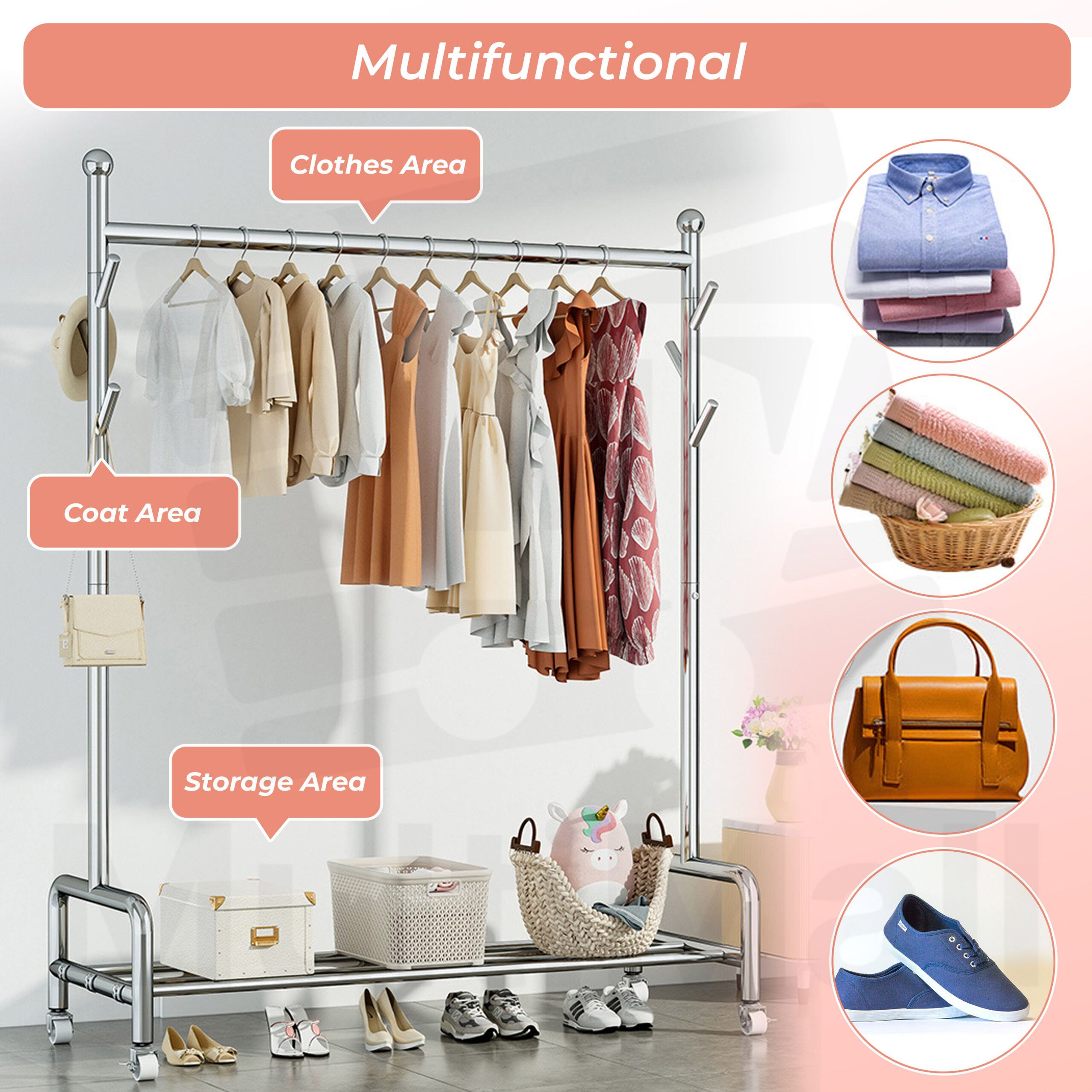 Steel Linen Rack Stainless Steel Laundry Rack – 1M Heavy Duty 3 in 1 Full Steel Coat ...