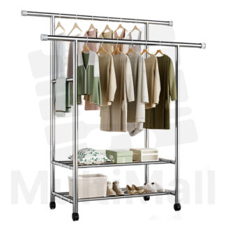 Stainless Steel Laundry Rack - 1.2M, 2-in-1 Heavy Duty Steel Clothes Rack Storage Area, Multi-functional 2-pole Drying Rack 360° Movable and Lockable Wheels
