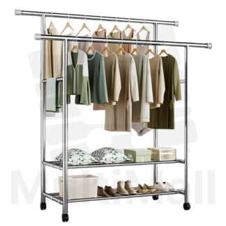 Stainless Steel Laundry Rack - 1.45M, 2-in-1 Heavy Duty Steel Clothes Rack Storage Area, Multi-functional 2-pole Drying Rack 360° Movable and Lockable Wheels