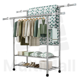 Stainless Steel Laundry Rack - 2.4M, 2-in-1 Heavy Duty Steel Clothes Rack Storage Area, Multi-functional 2-pole Drying Rack 360° Movable and Lockable Wheels