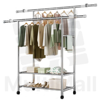 Stainless Steel Laundry Rack - 2M, 2-in-1 Heavy Duty Steel Clothes Rack Storage Area, Multi-functional 2-pole Drying Rack 360° Movable and Lockable Wheels
