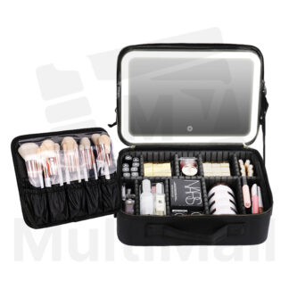 Makeup Case Light - Black Large: Portable and Large Capacity Travel Cosmetic Train Case Mirror Lights, Adjustable Dividers, Makeup Brushes, Storage Organizer,