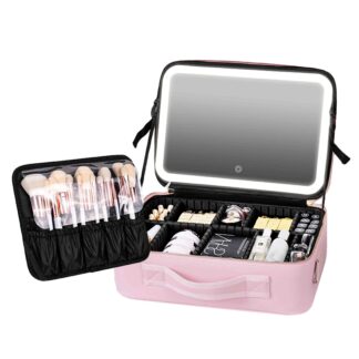 Makeup Case Light - Pink Large : Portable and Large Capacity Travel Cosmetic Train Case Mirror Lights, Adjustable Dividers, Makeup Brushes, Storage Organizer,