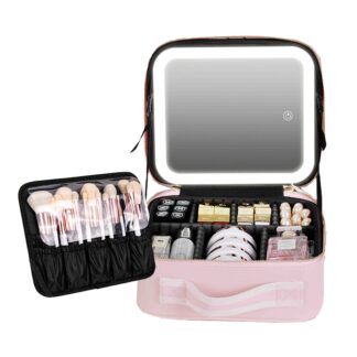 Makeup Case Light - Pink Standard: Portable and Large Capacity Travel Cosmetic Train Case Mirror Lights, Adjustable Dividers, Makeup Brushes, Storage Organizer,