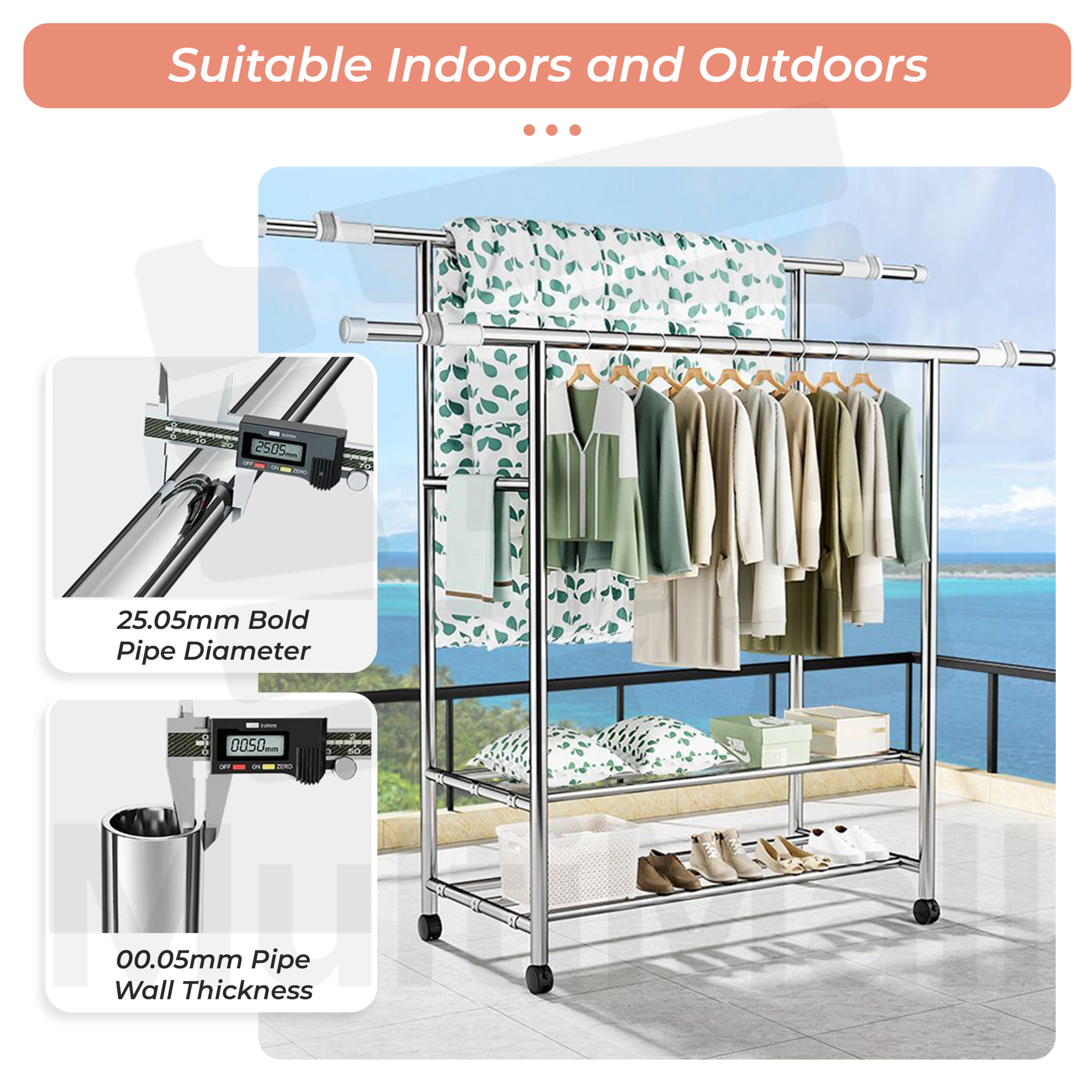 Steel Linen Rack Stainless Steel Laundry Rack - 2M, 2-in-1 Heavy Duty Steel Clothes Rack ...