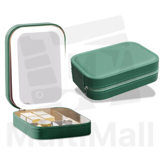 Makeup Storage Box Green, 3 Color Lights, Portable, Rechargeable, HD Mirror, Touch Screen Button, Compartment Storage, Smooth Zipper Design