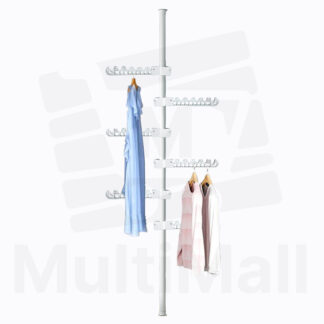 Floor to Ceiling Pole 3.1m 6 Hooks White, 15kg Strong Bearing Capacity, Adjustable, Space Saver, Wide Application