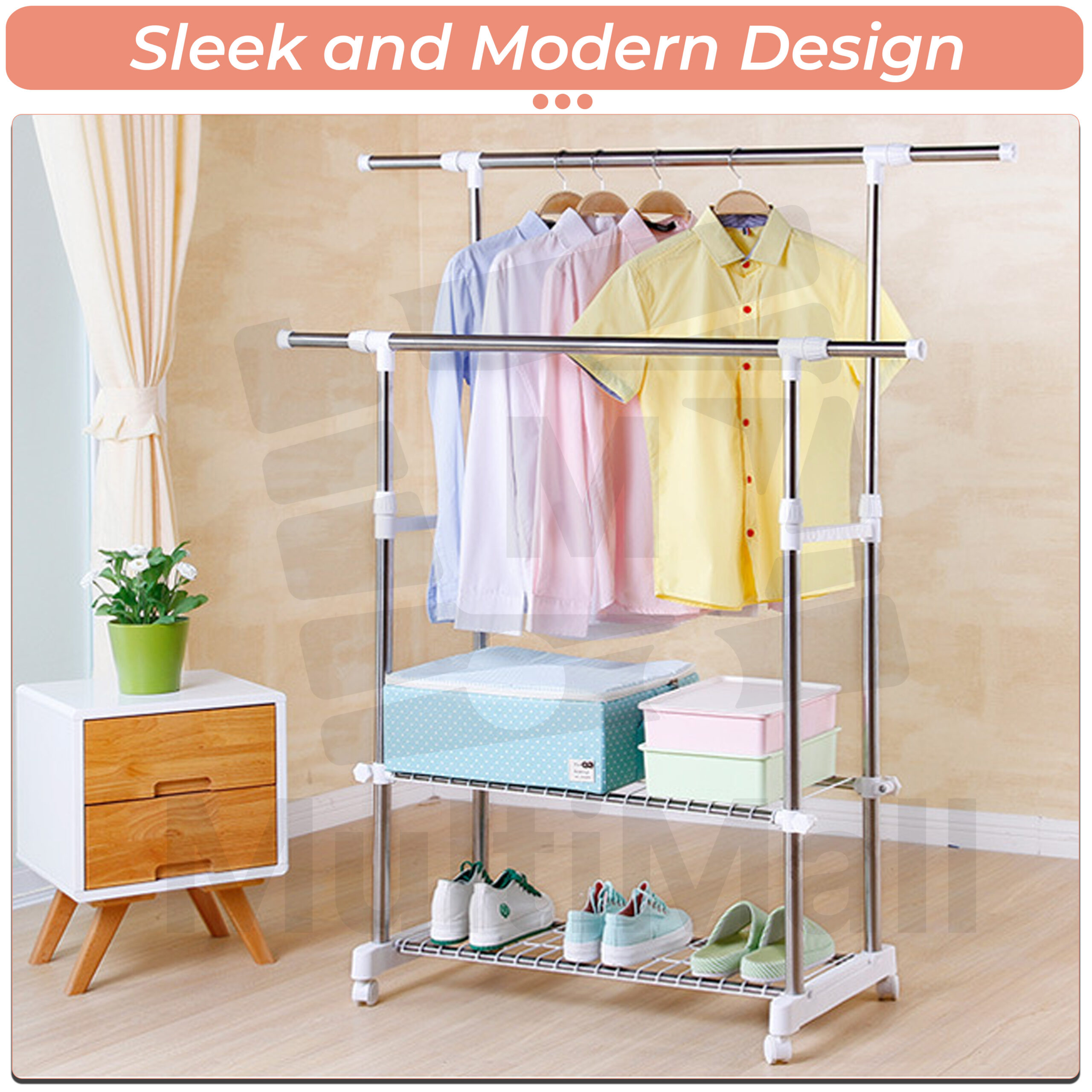 Upgraded H 1.5m 2 Poles 2 Storage Tiers Laundry Rack Clothes Drying ...
