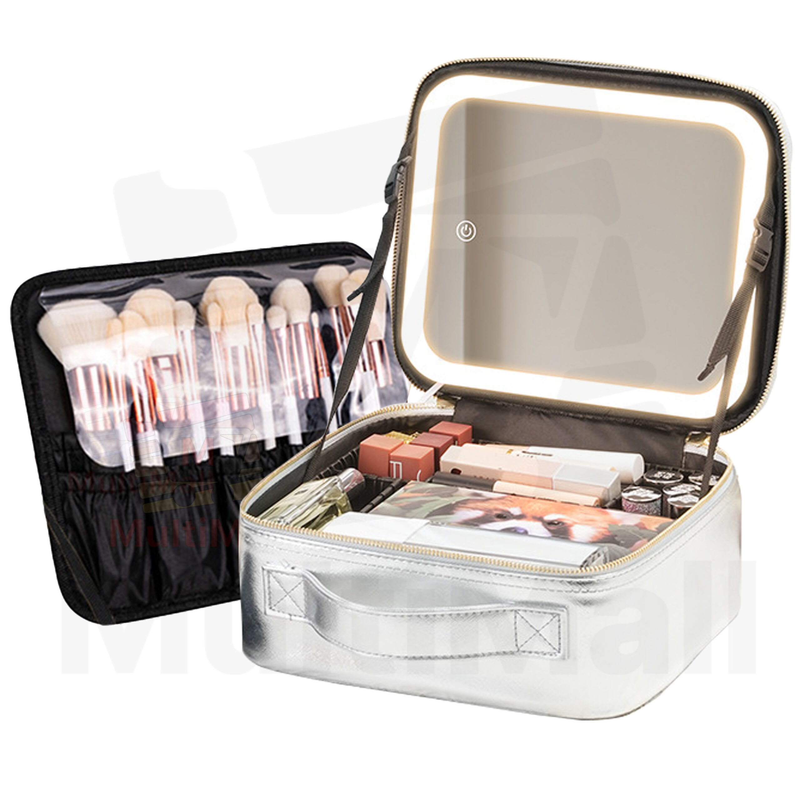 Makeup Case Silver Light & Mirror Black Standard, Portable and Large Capacity Travel Cosmetic Train Case Mirror Lights, Adjustable Dividers, Makeup Brushes, Storage Organizer, Black